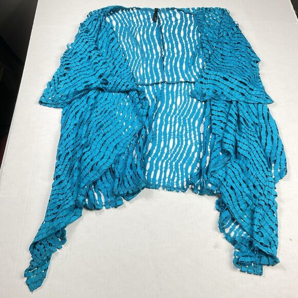 IC Connie K Open Front Top Blue Short Sleeve Laser Cut Jacket Boho Chic Flowy M - Picture 1 of 10